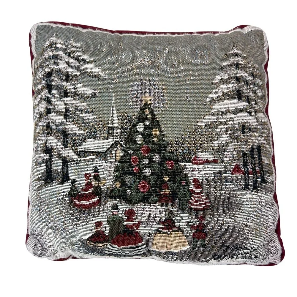Tapestry Christmas Holiday Pillow 12x12 Tree Church Carolers Victorian Winter